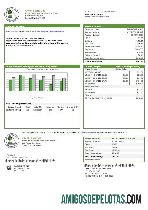Em branco modelo de conta de serviços públicos da cidade de Foster, EUA, Califórnia, em formatos Word e PDF